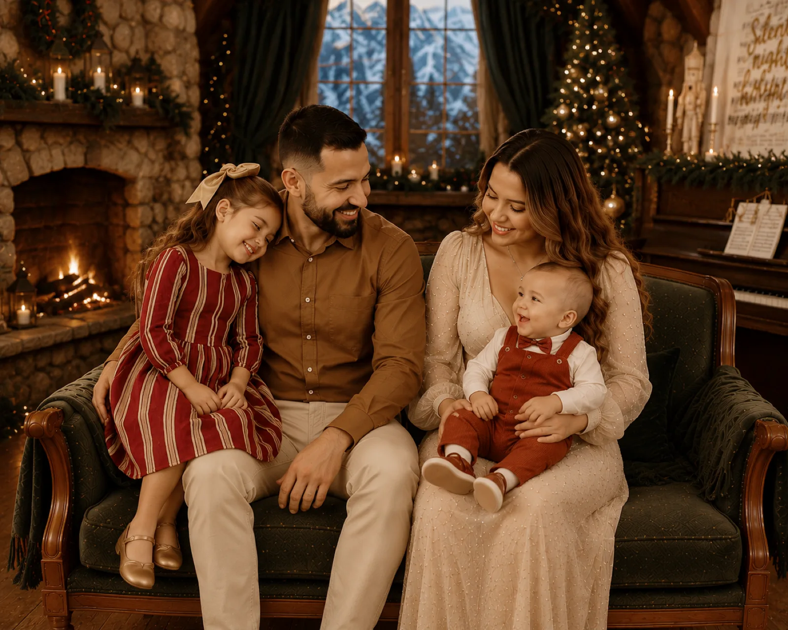 Parents on the sofa with their daughter and baby, laughing