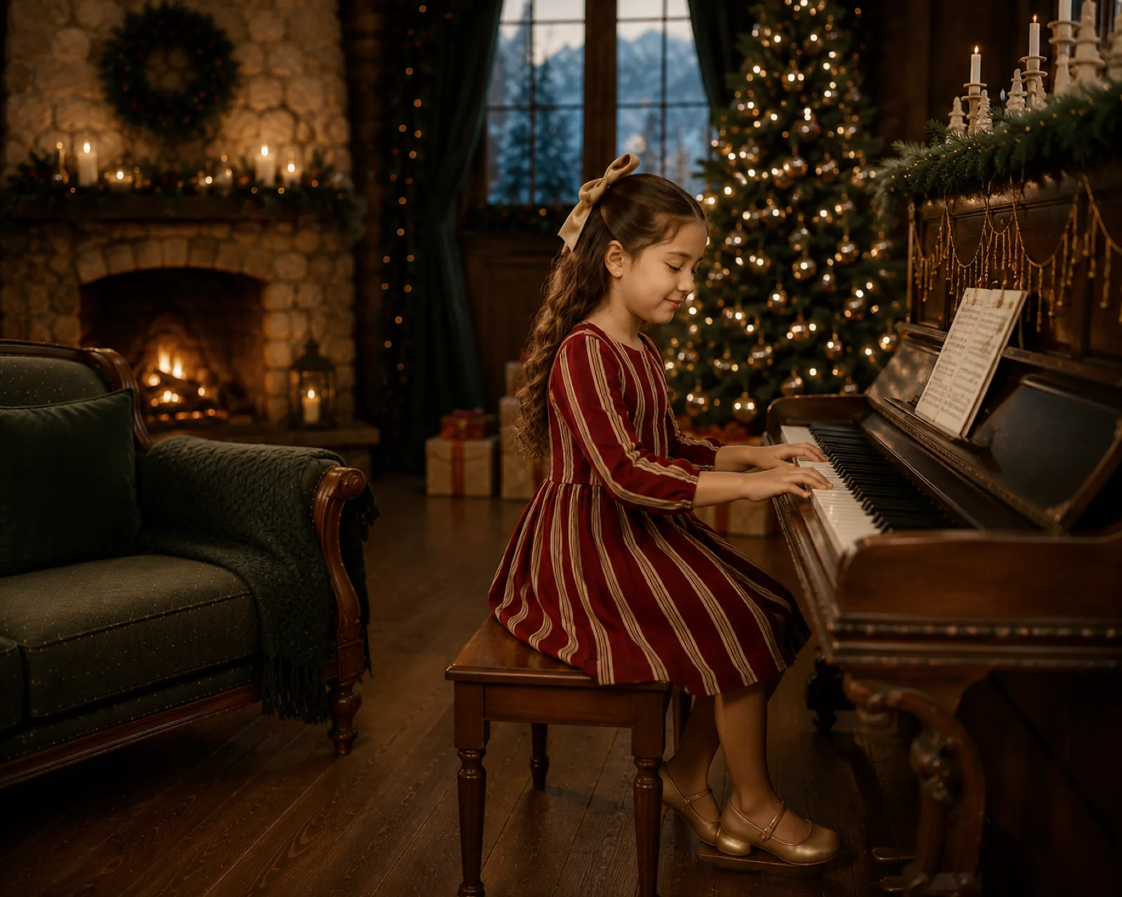 A girl in a striped red dress playing the piano by the Christmas tree