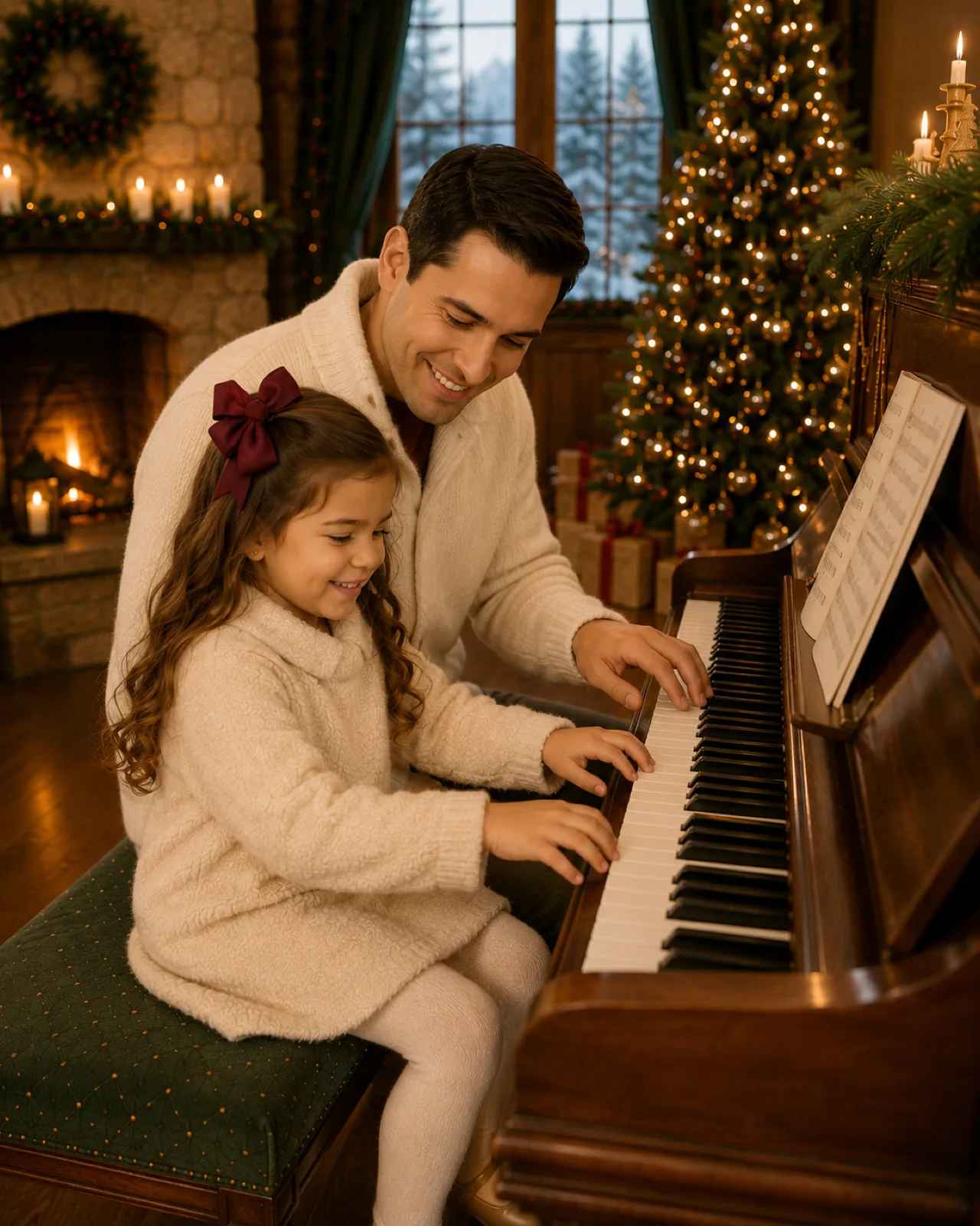 A father and daughter playing the piano together