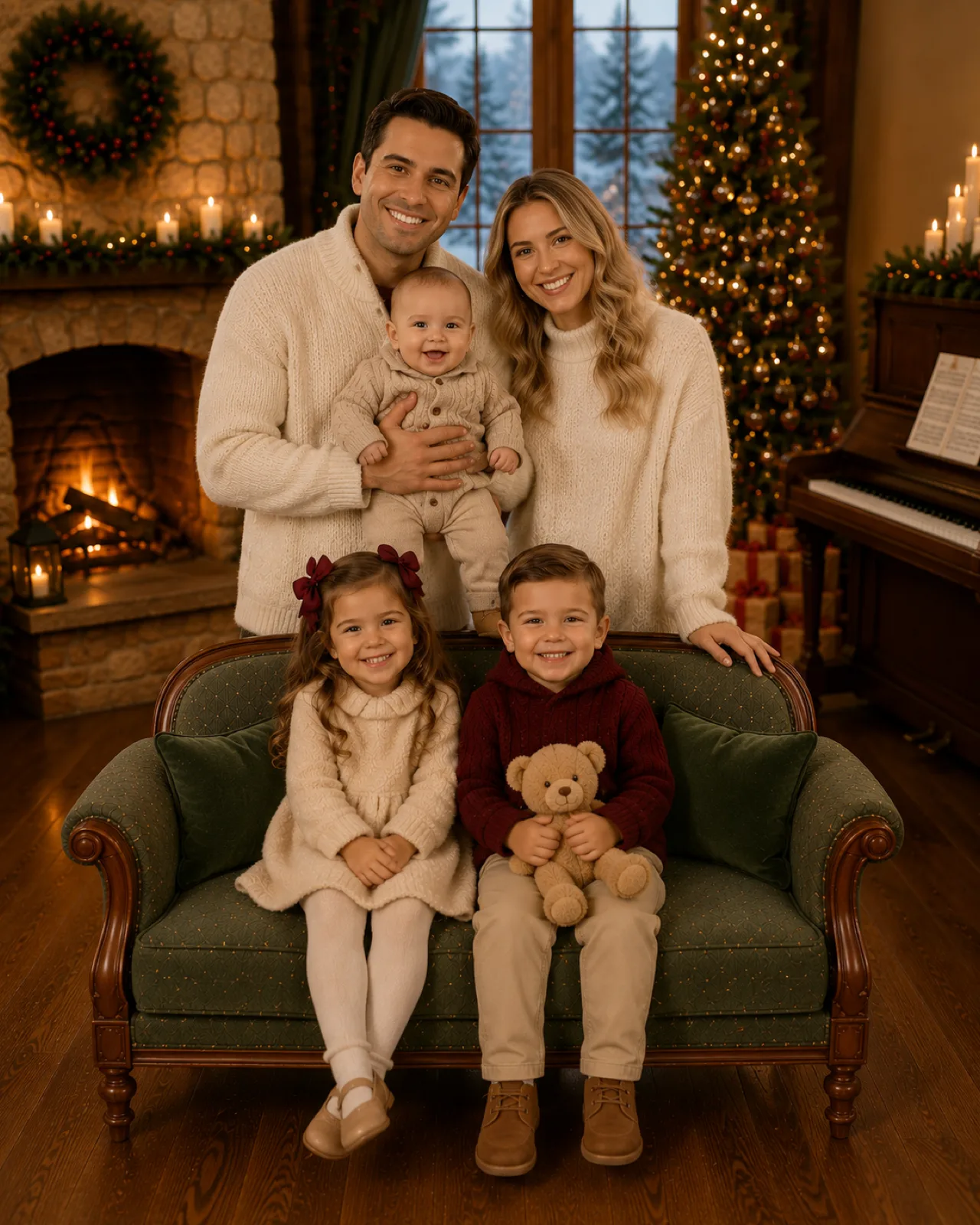 A family of five on the green sofa by the fireplace and the piano of the Christmas at Home set