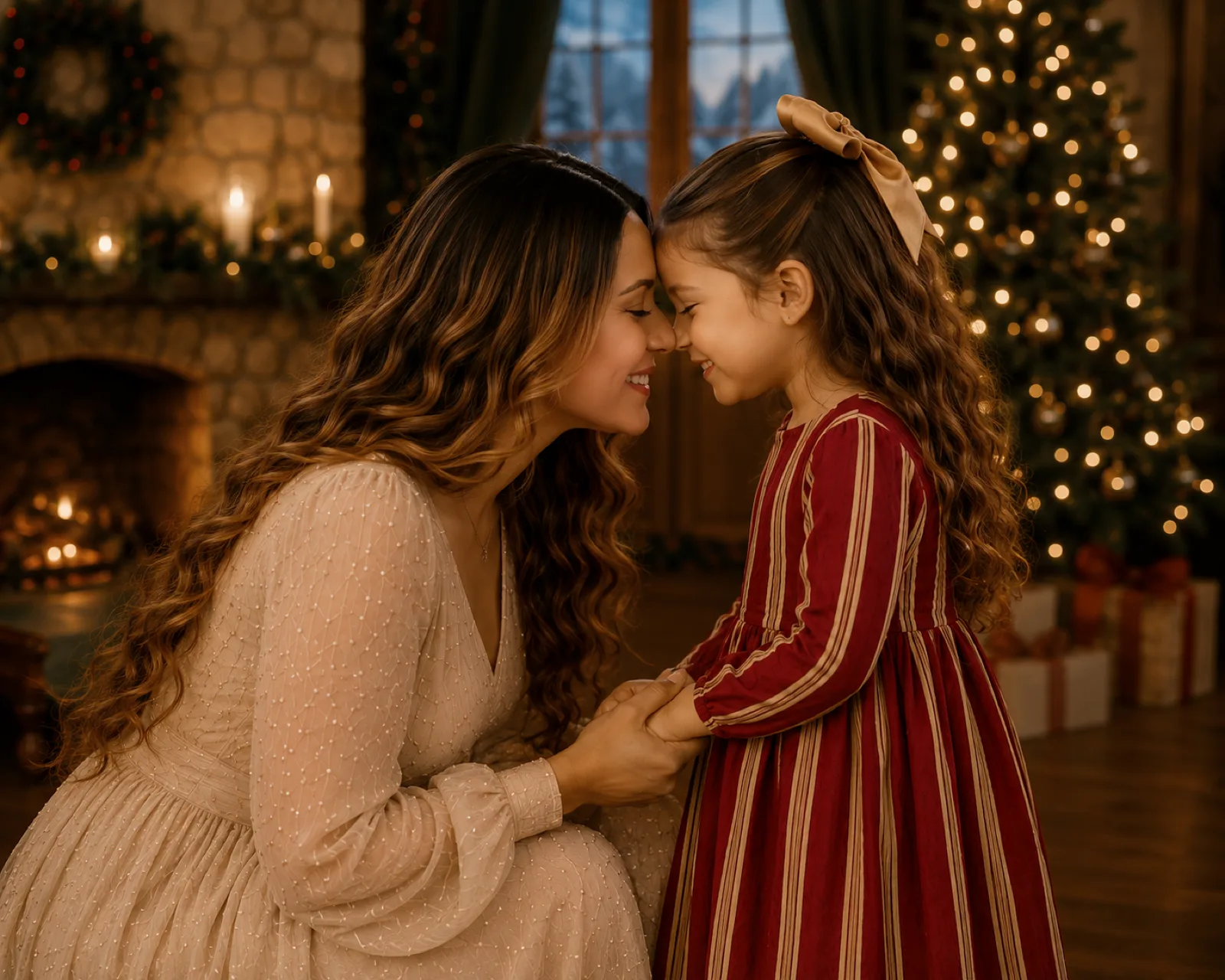 A mother and daughter forehead to forehead in front of the tree