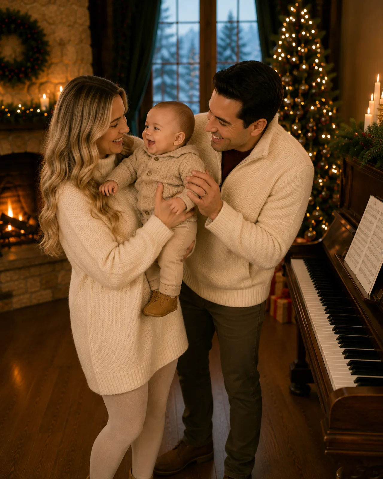 Parents holding their baby between them, the piano and tree behind