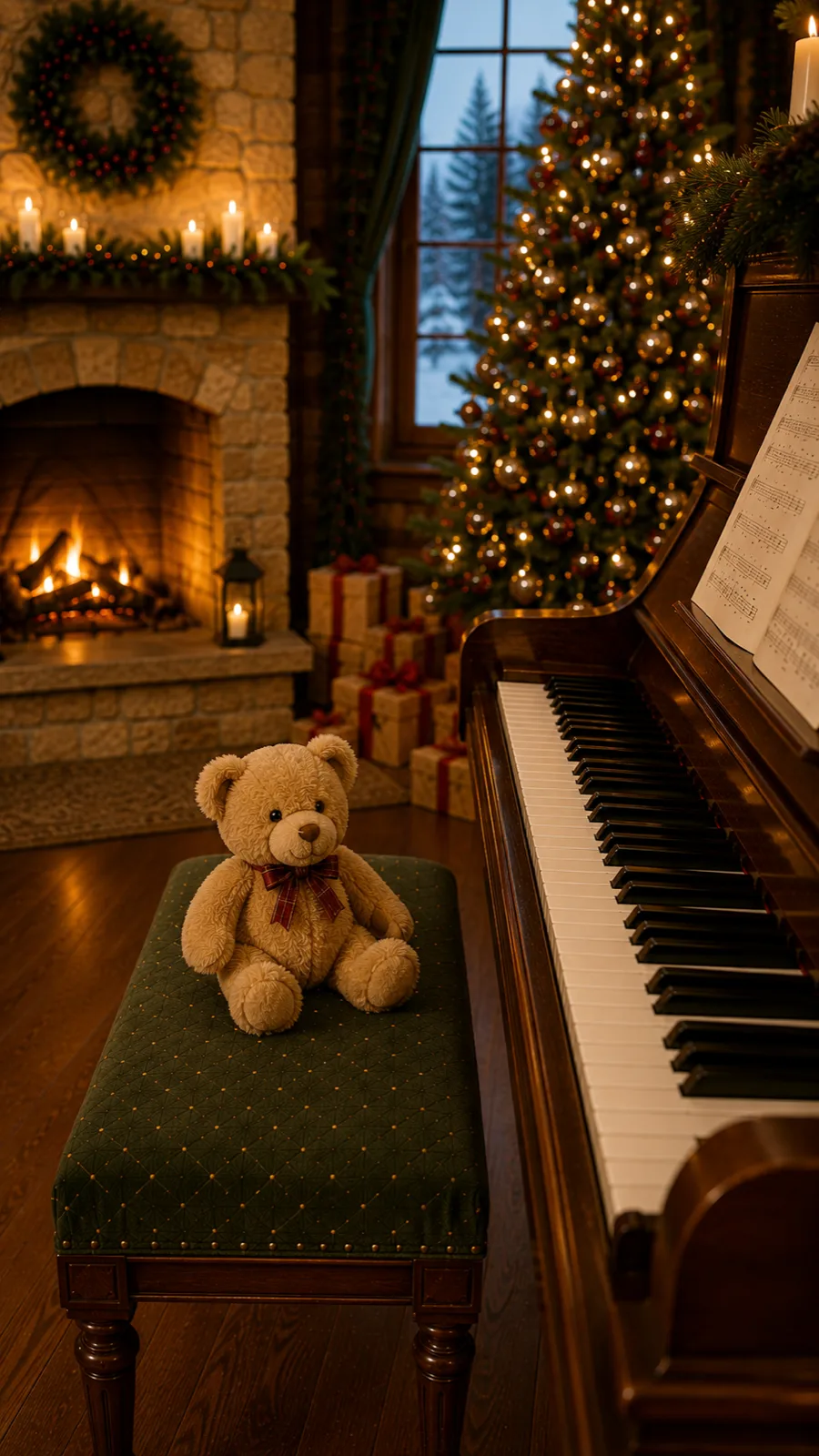 A teddy bear on the piano bench in front of the fireplace