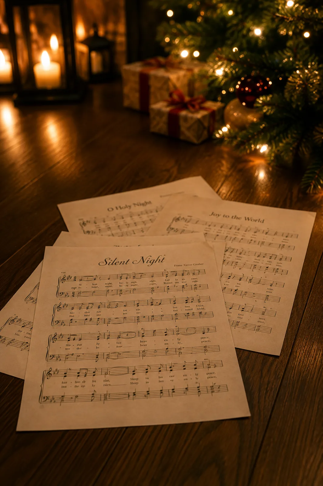 Christmas sheet music on the wooden floor by the tree and gifts