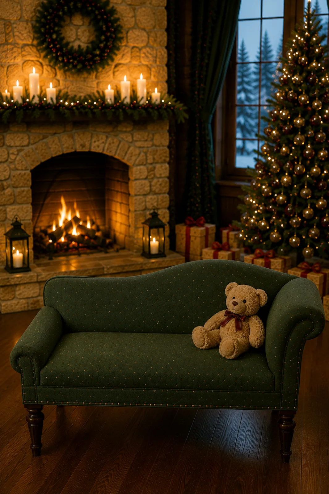 The empty set: green sofa, lit fireplace and Christmas tree