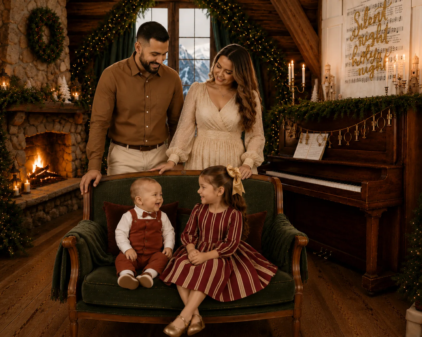 Parents standing behind the green sofa where their two children sit, the piano beside them
